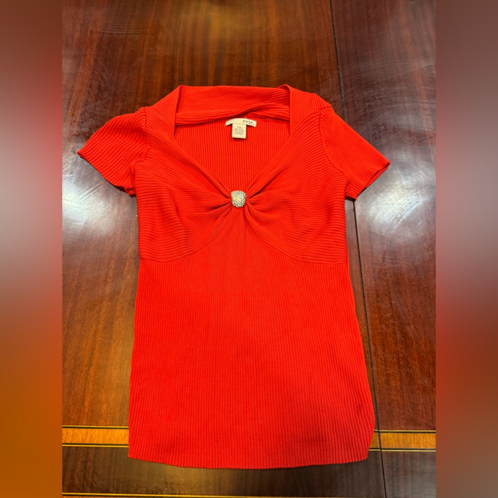 EVIE Red Ribbed Blouse with Embellished Detail